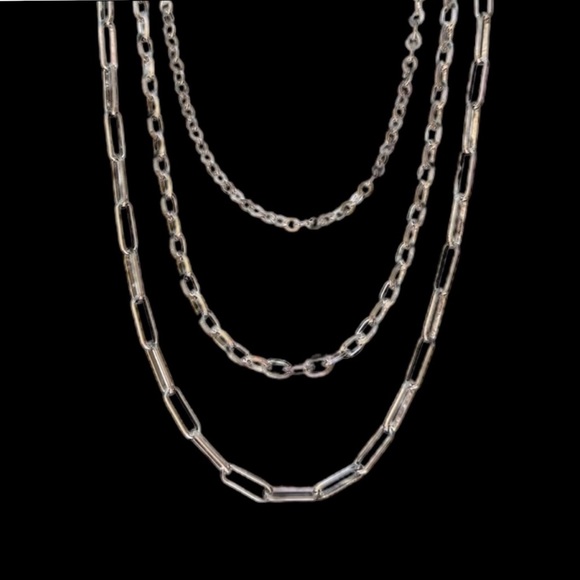 Silver Triple Stranded Long Link Necklace - Picture 1 of 5